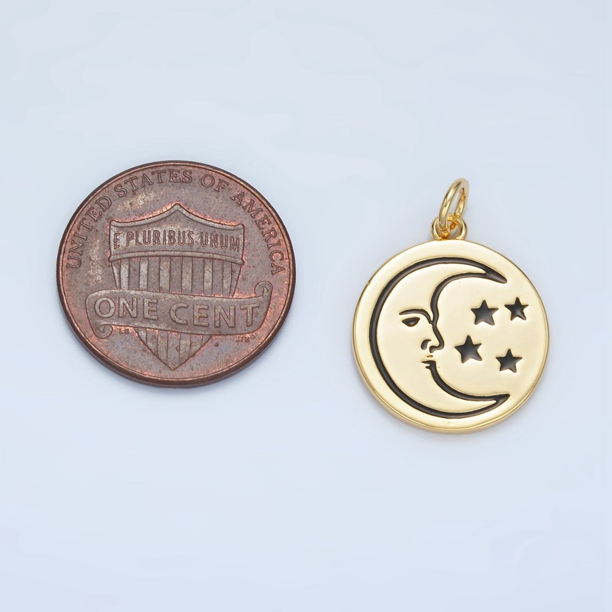 14K Gold Filled Celestial Crescent Moon Face Stars Round Charm | AG883