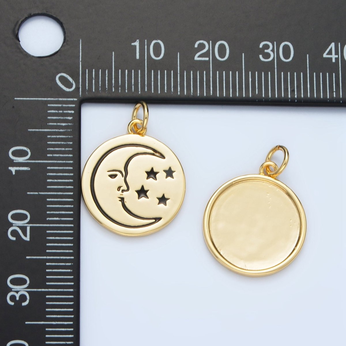 14K Gold Filled Celestial Crescent Moon Face Stars Round Charm | AG883