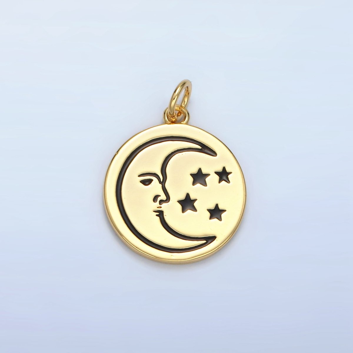 14K Gold Filled Celestial Crescent Moon Face Stars Round Charm | AG883