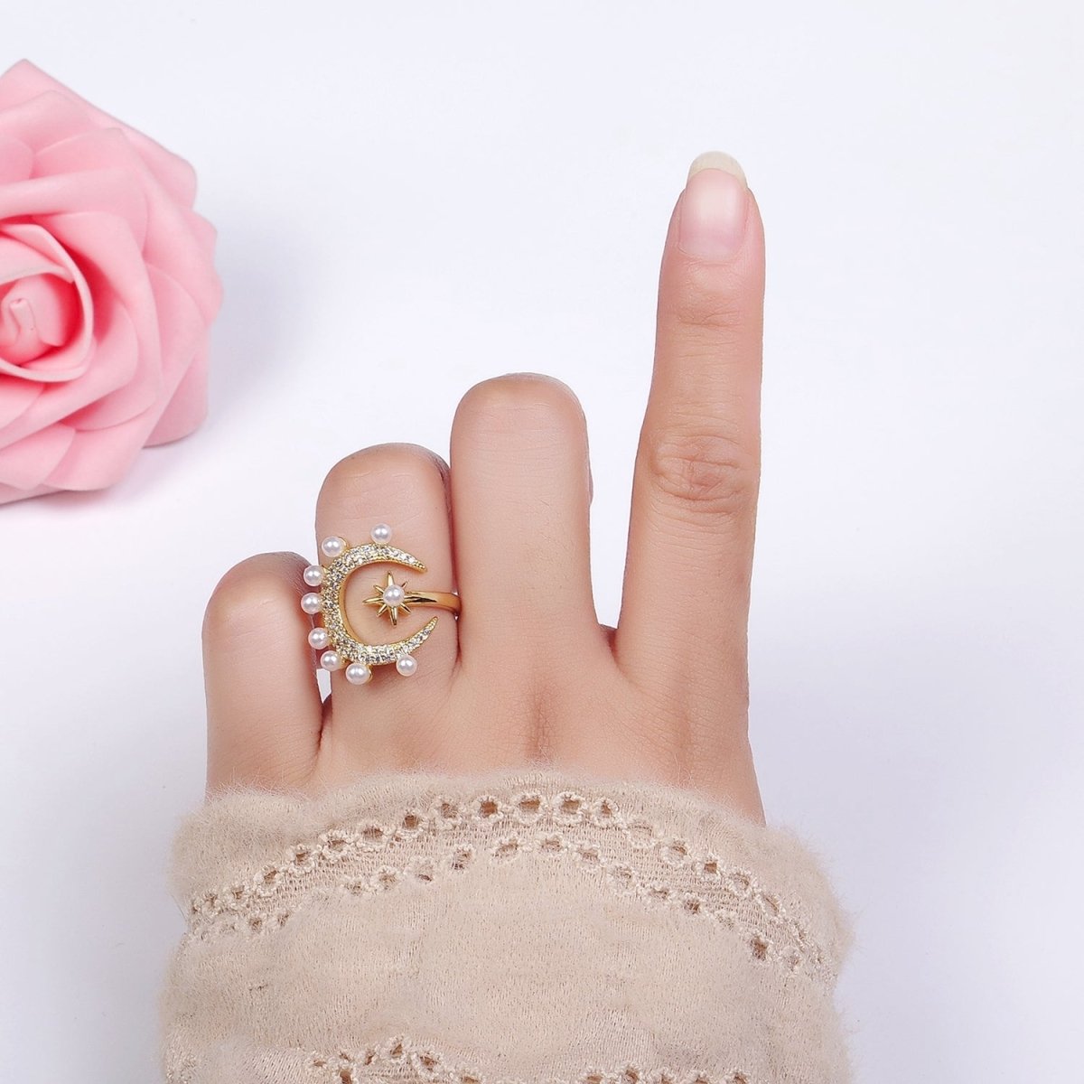 14K Gold Filled Celestial Crescent Moon Star Micro Paved CZ Pearl Ring | O095