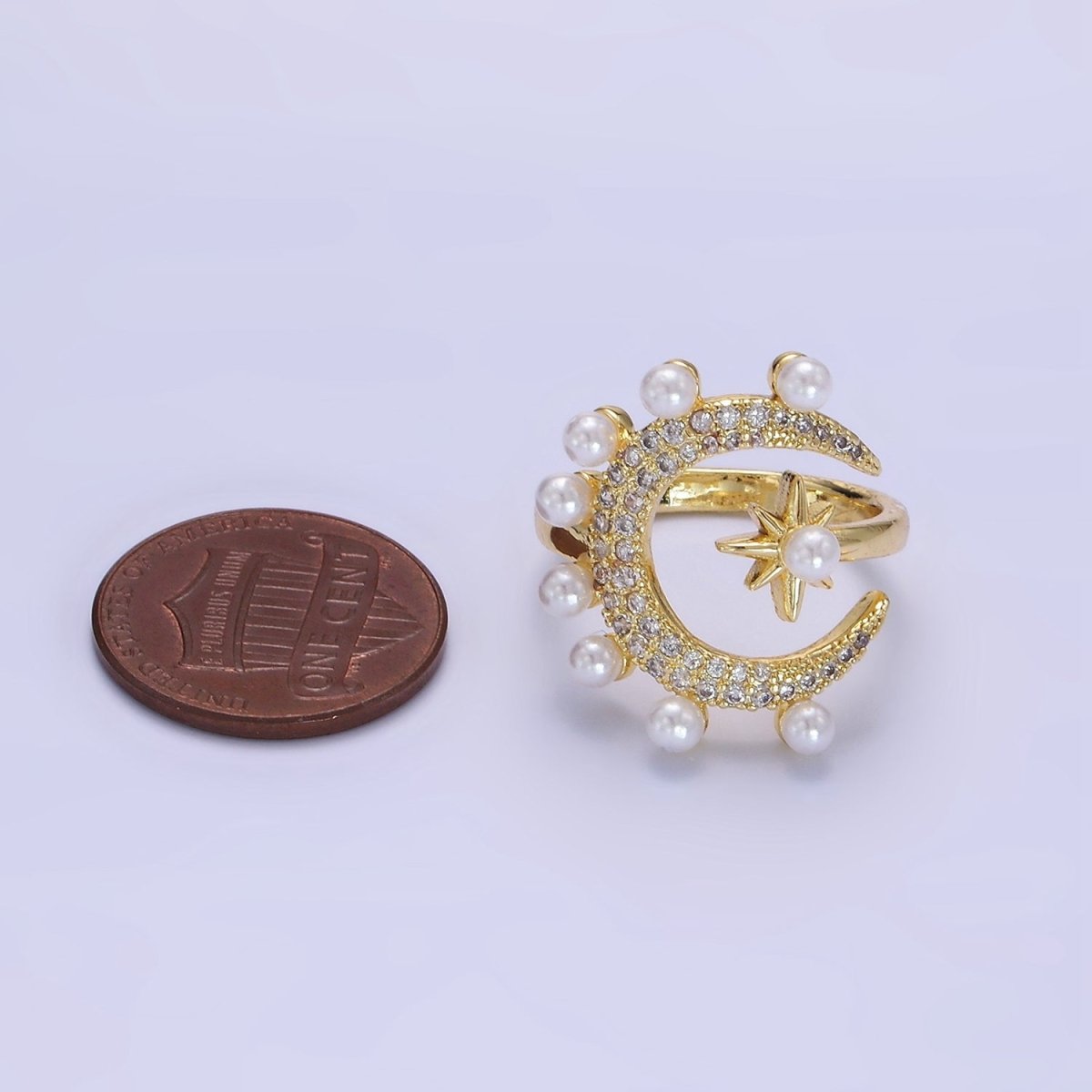 14K Gold Filled Celestial Crescent Moon Star Micro Paved CZ Pearl Ring | O095