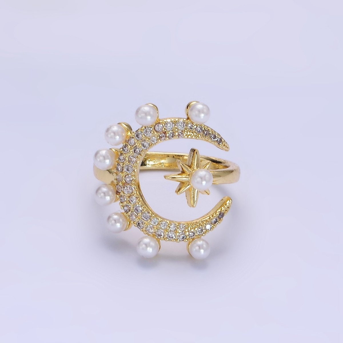 14K Gold Filled Celestial Crescent Moon Star Micro Paved CZ Pearl Ring | O095