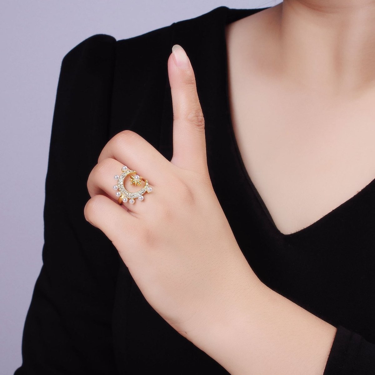 14K Gold Filled Celestial Crescent Moon Star Micro Paved CZ Pearl Ring | O095