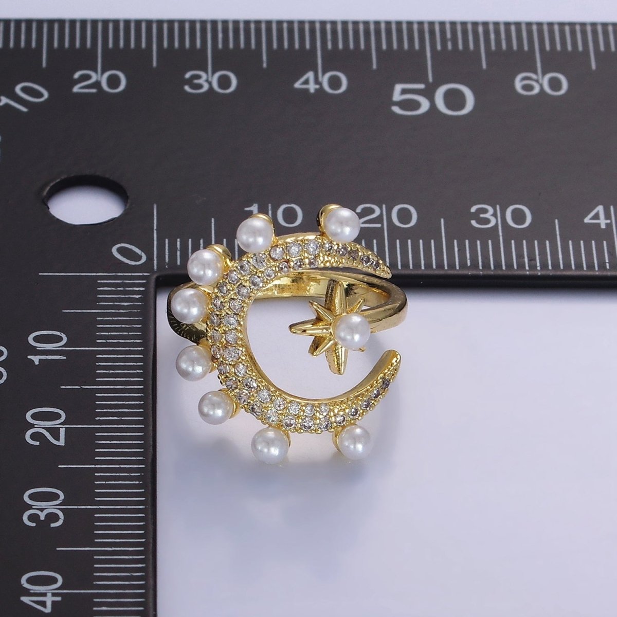 14K Gold Filled Celestial Crescent Moon Star Micro Paved CZ Pearl Ring | O095