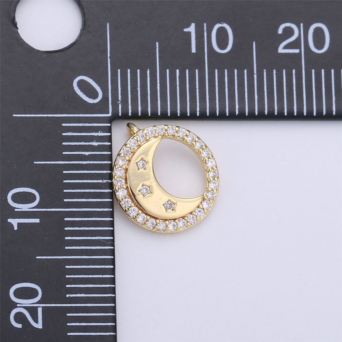14K Gold Filled Celestial Crescent Moon Stars Micro Paved CZ Back Loop Circular Charm | C129