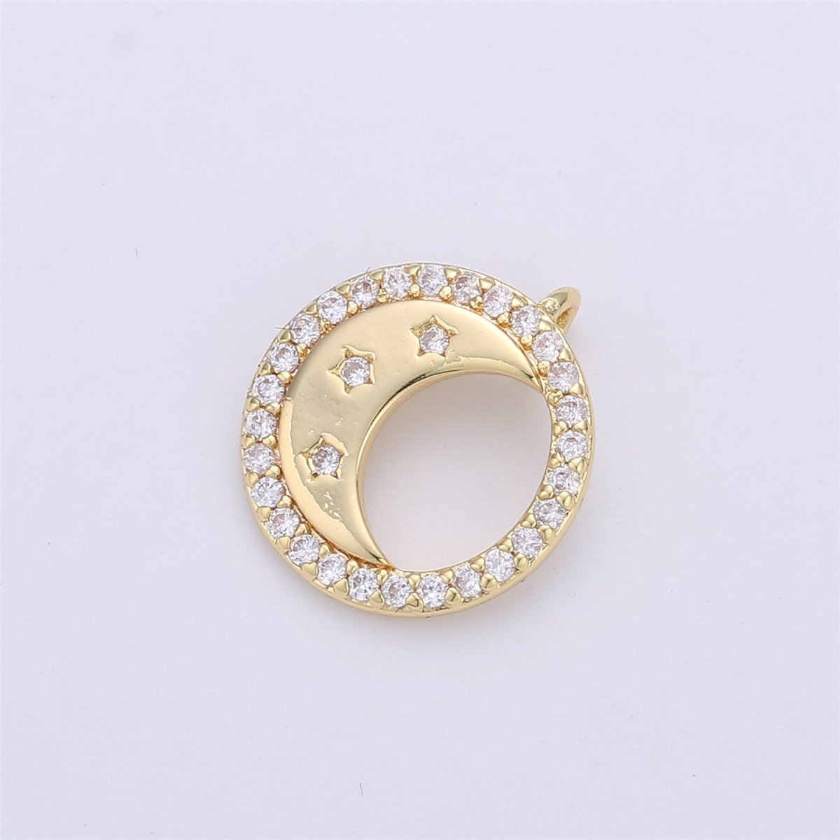 14K Gold Filled Celestial Crescent Moon Stars Micro Paved CZ Back Loop Circular Charm | C129