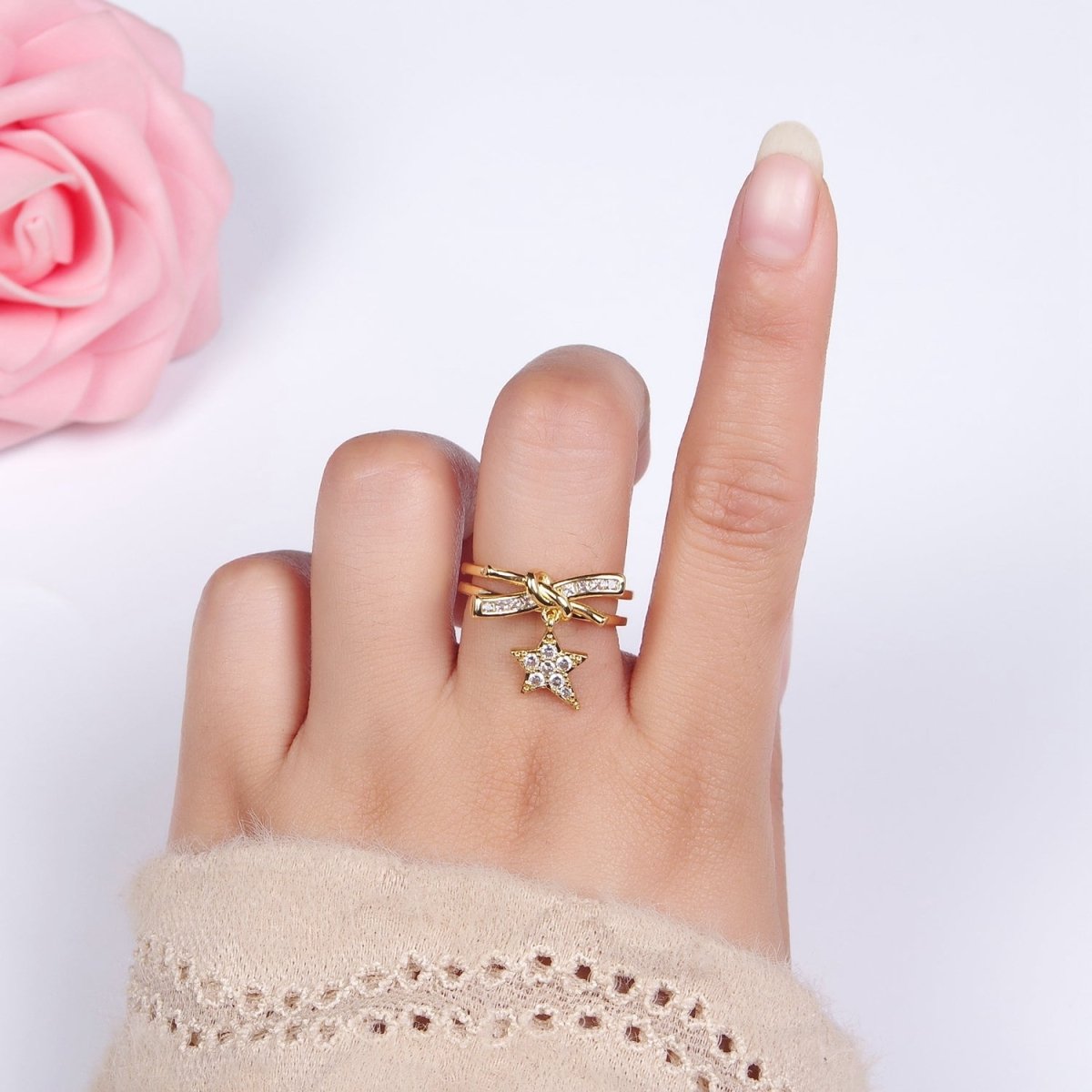 14K Gold Filled Celestial Star Knot Micro Paved Double Band Ring | O1382