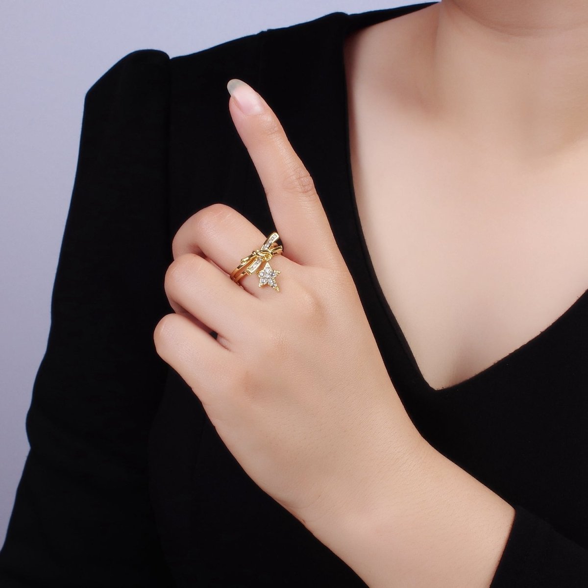 14K Gold Filled Celestial Star Knot Micro Paved Double Band Ring | O1382