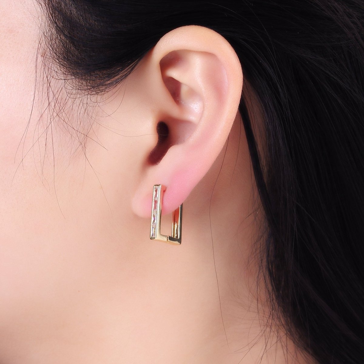 14K Gold Filled Clear Baguette CZ Lined Rectangular Hoop Earrings | AB1339