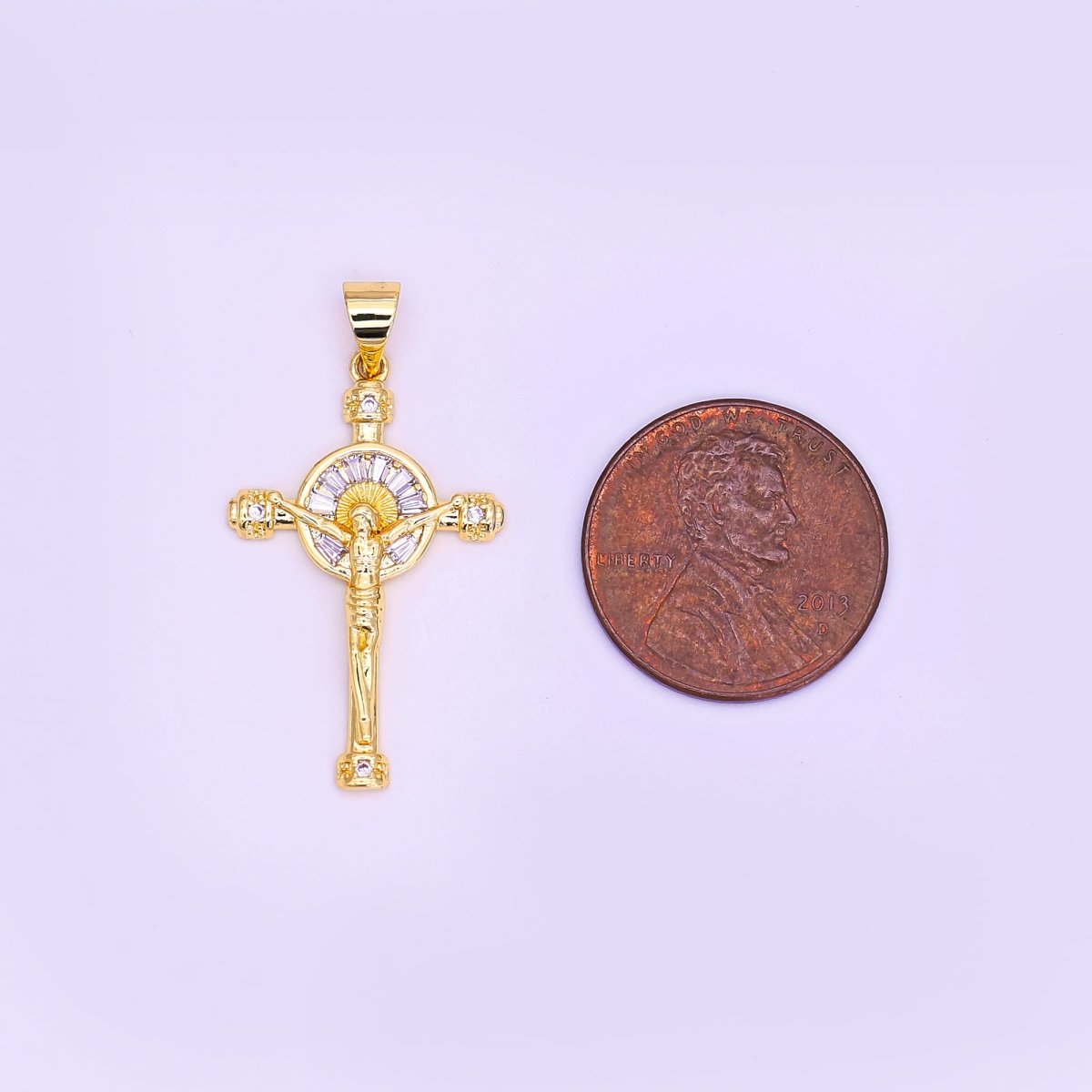 14K Gold Filled Clear Baguette Sun Ray Round Crucifix Cross Pendant | AA611