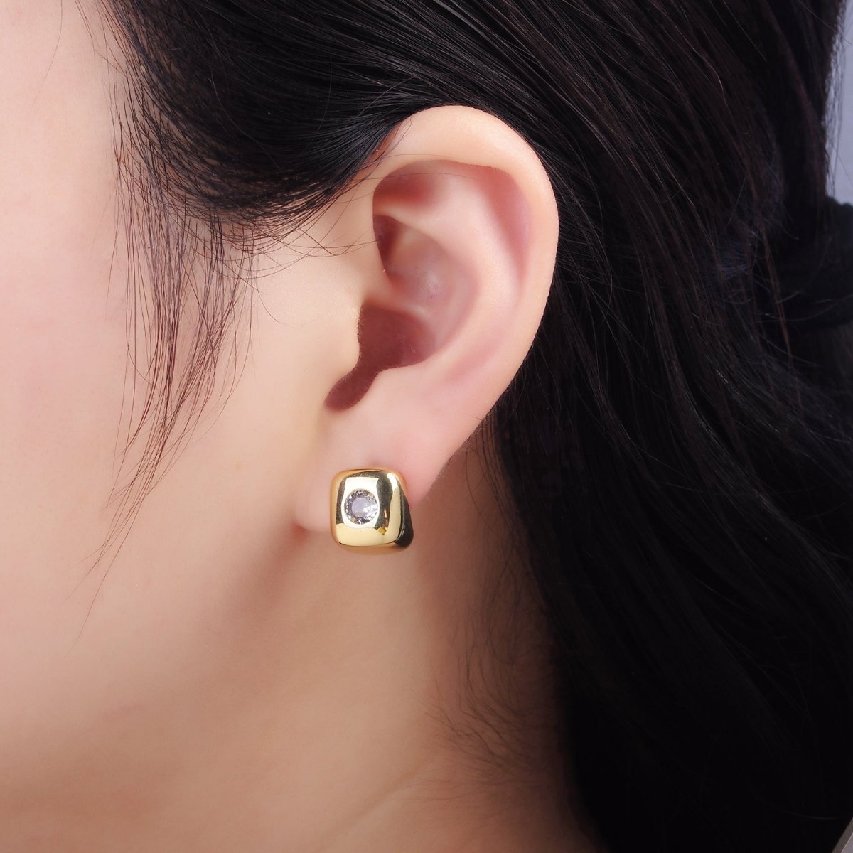 14K Gold Filled Clear CZ Cube J-Shaped Hoop Earrings | P513