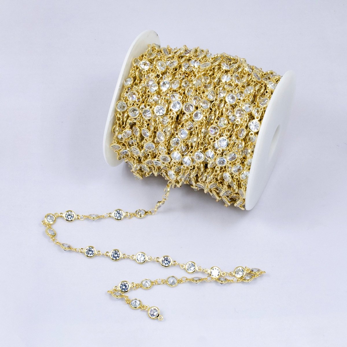 14K Gold Filled Clear CZ Round Bezel Unfinished Chain by Yard | Roll-1539