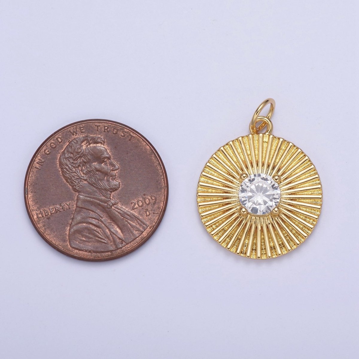 14K Gold Filled Clear CZ Sunburst Textured Round Charm | N800