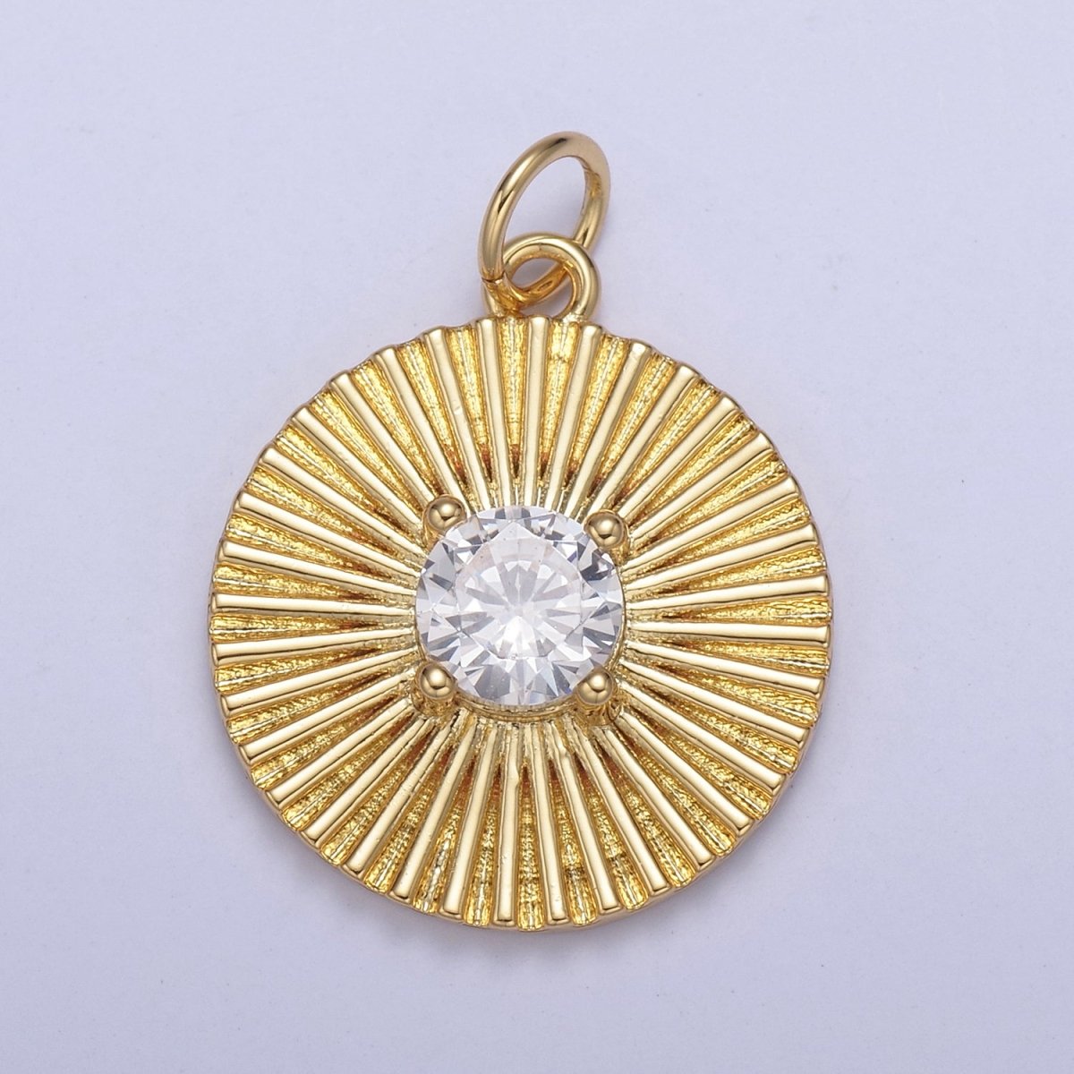 14K Gold Filled Clear CZ Sunburst Textured Round Charm | N800