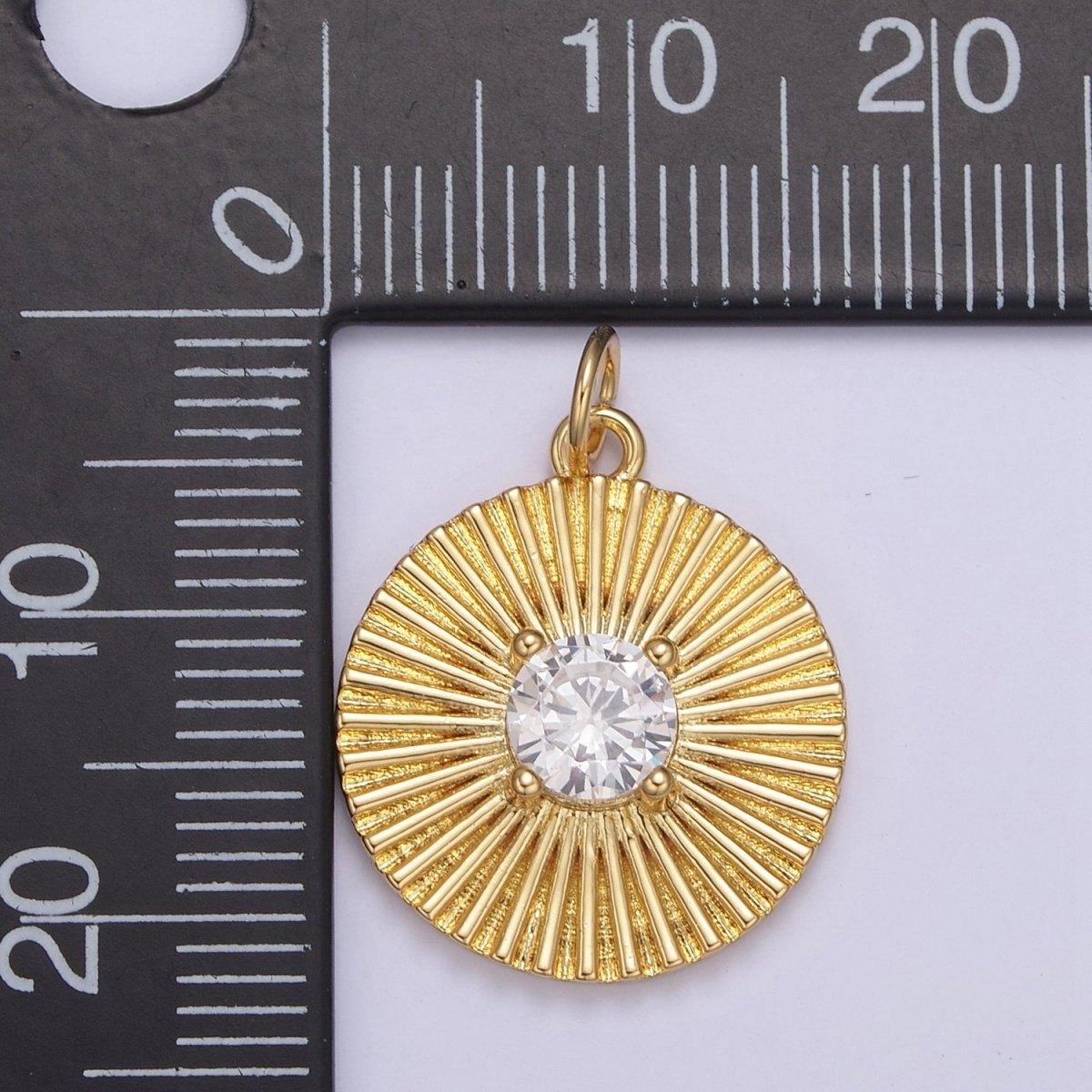 14K Gold Filled Clear CZ Sunburst Textured Round Charm | N800