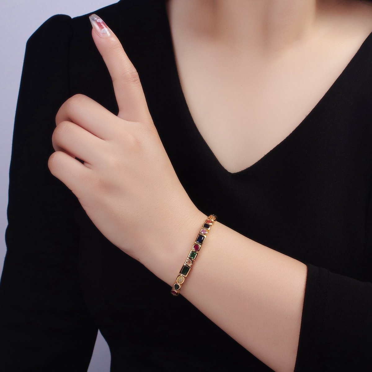 14K Gold Filled Clear, Multicolor CZ Geometric Cuff Bracelet | WA-2527 WA-2528