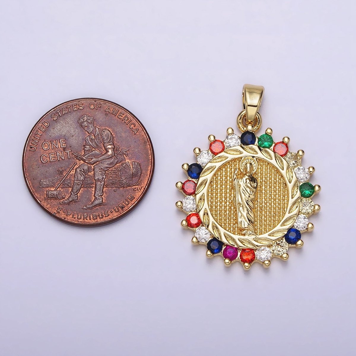 14K Gold Filled Clear, Multicolor CZ Miraculous Mary Round Pendant | AA719