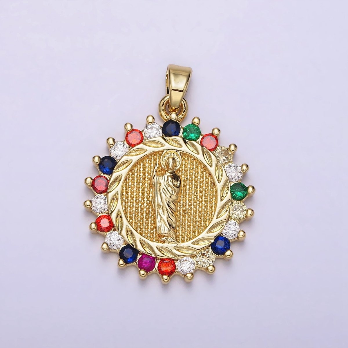 14K Gold Filled Clear, Multicolor CZ Miraculous Mary Round Pendant | AA719