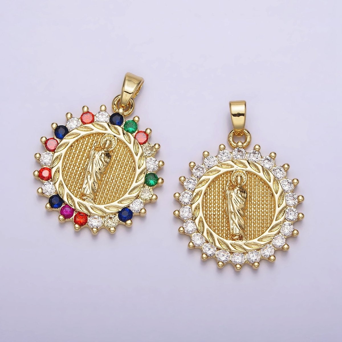 14K Gold Filled Clear, Multicolor CZ Miraculous Mary Round Pendant | AA719