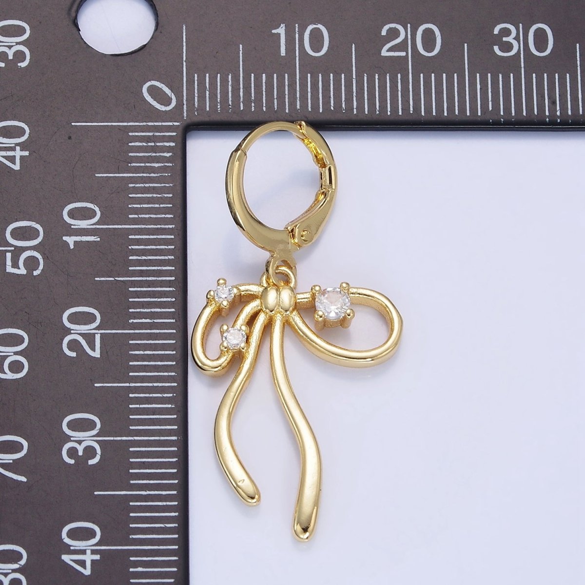 14K Gold Filled CZ Coquette Ribbon Tied Bow Drop Huggie Earrings | P044