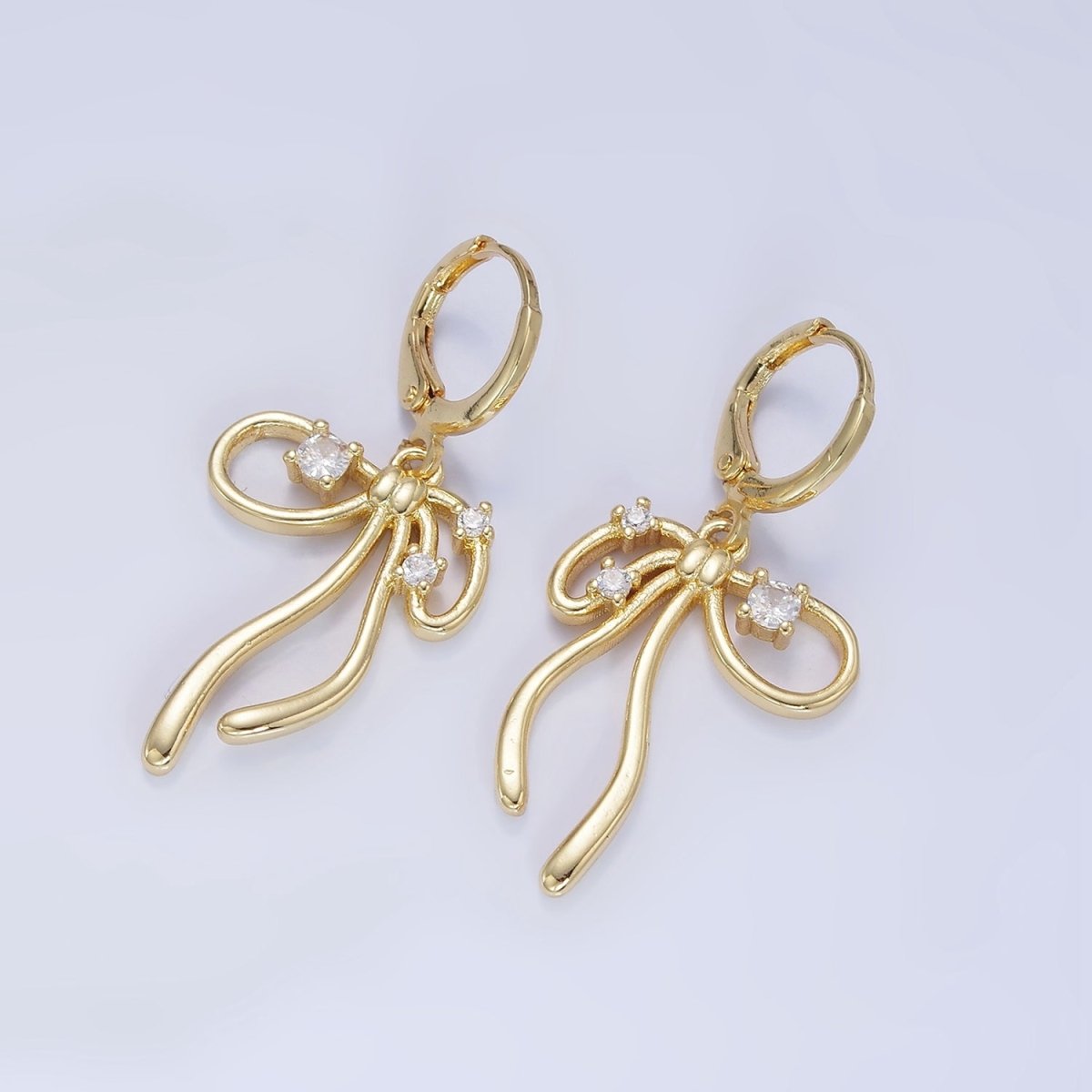 14K Gold Filled CZ Coquette Ribbon Tied Bow Drop Huggie Earrings | P044