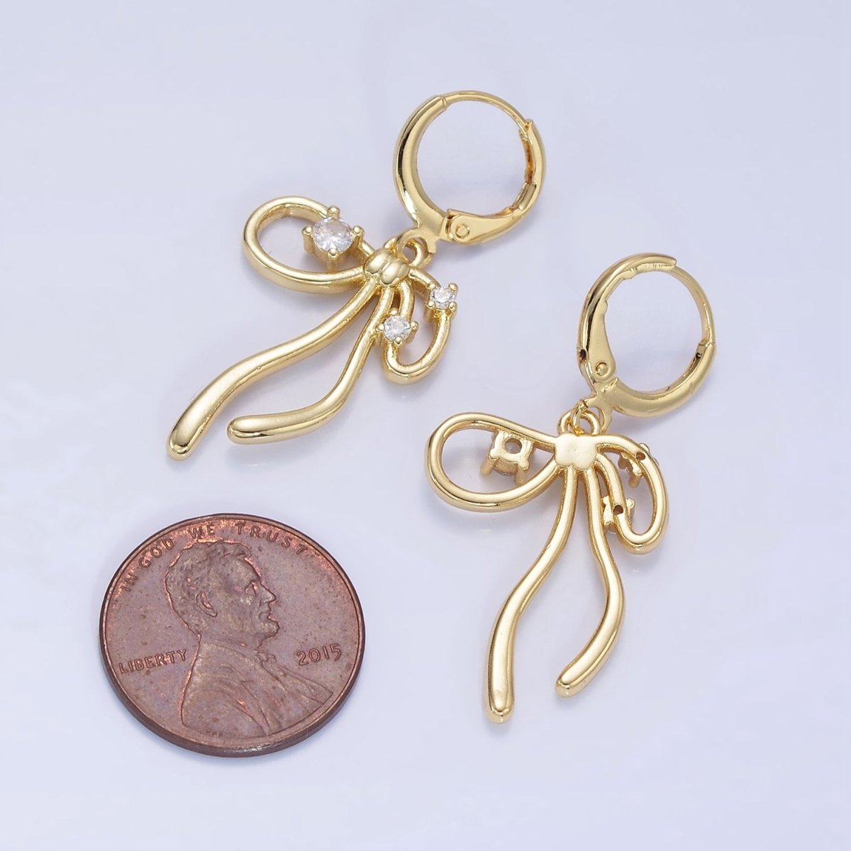 14K Gold Filled CZ Coquette Ribbon Tied Bow Drop Huggie Earrings | P044