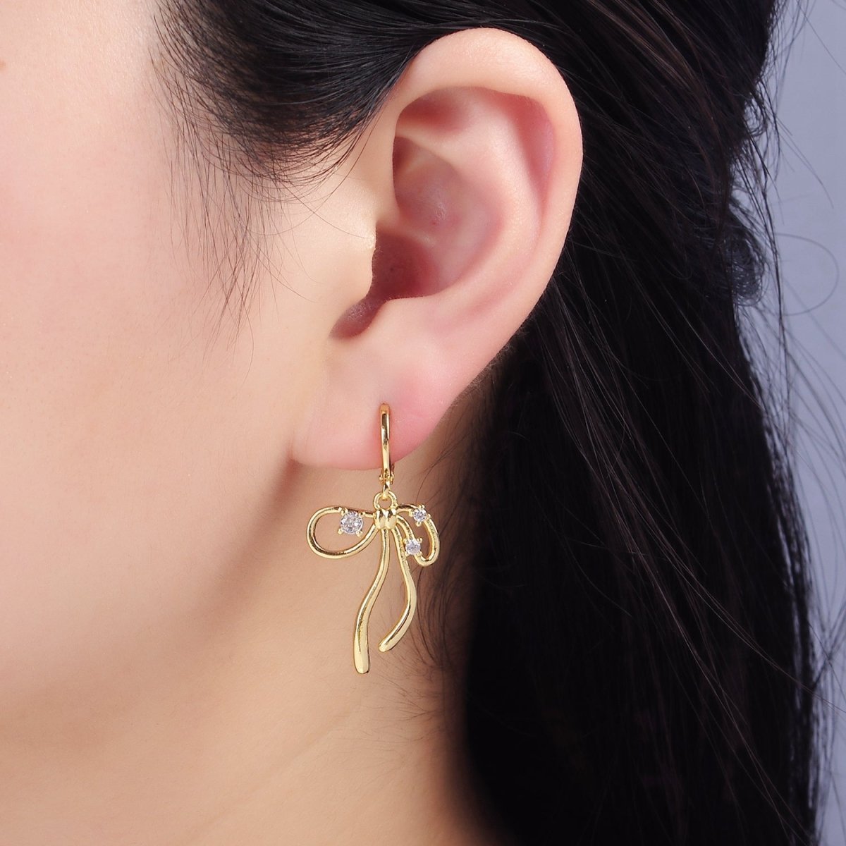 14K Gold Filled CZ Coquette Ribbon Tied Bow Drop Huggie Earrings | P044