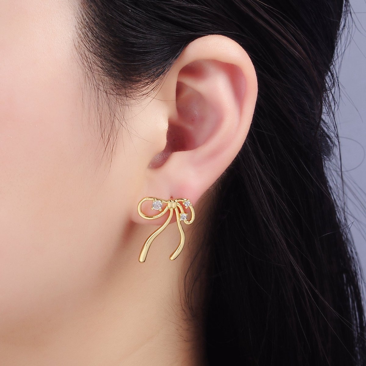 14K Gold Filled CZ Coquette Ribbon Tied Bow Stud Earrings | P055