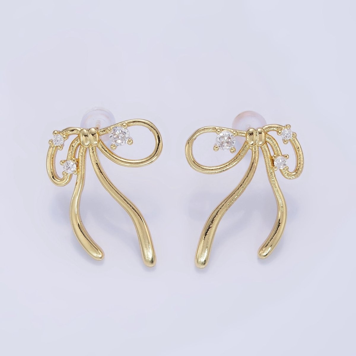 14K Gold Filled CZ Coquette Ribbon Tied Bow Stud Earrings | P055
