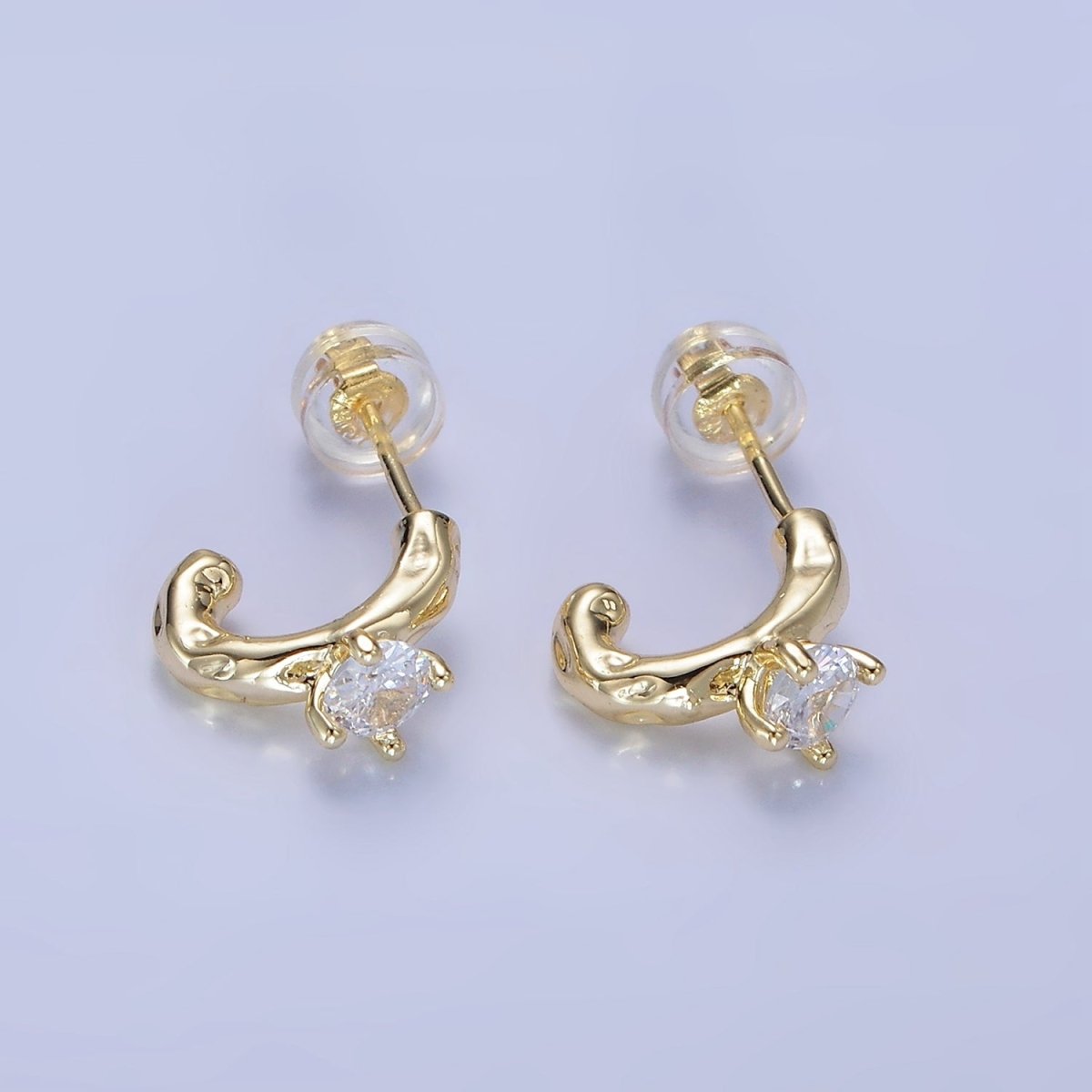 14K Gold Filled CZ Hammered C-Shaped Hoop Earrings | P485