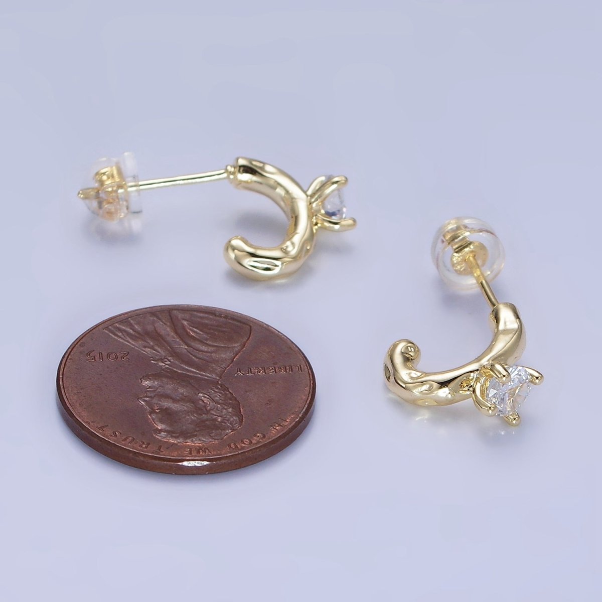 14K Gold Filled CZ Hammered C-Shaped Hoop Earrings | P485