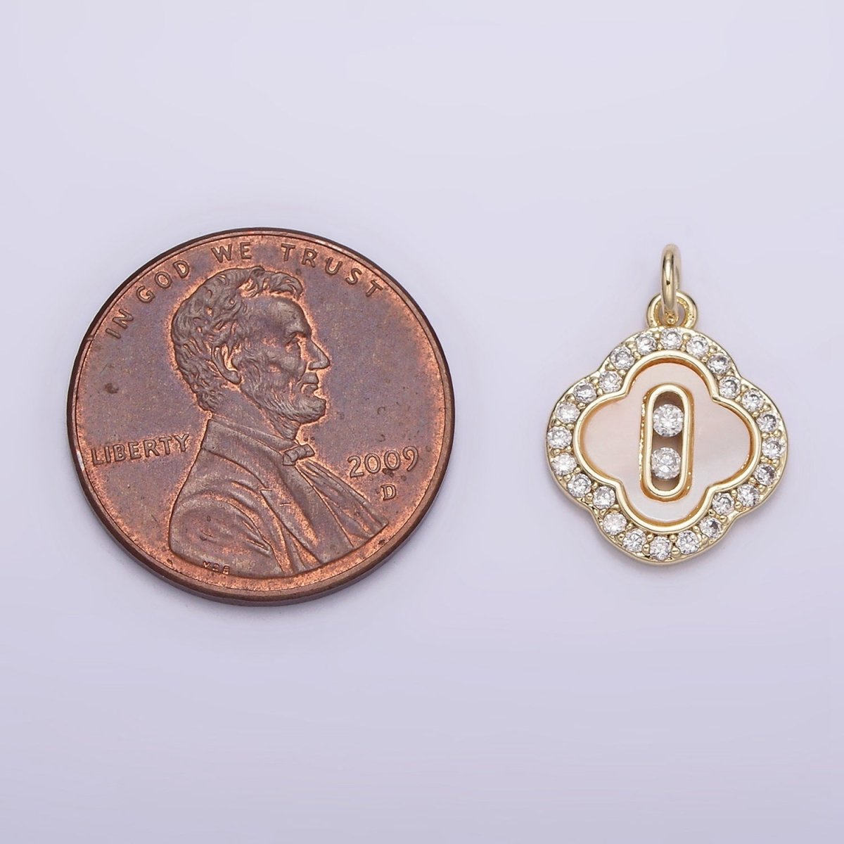 14K Gold Filled CZ Micro Paved Shell Pearl Quatrefoil Charm | X-589