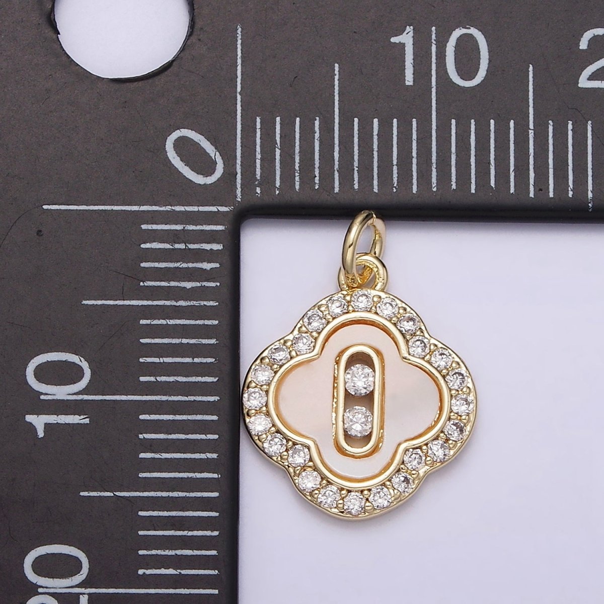 14K Gold Filled CZ Micro Paved Shell Pearl Quatrefoil Charm | X-589