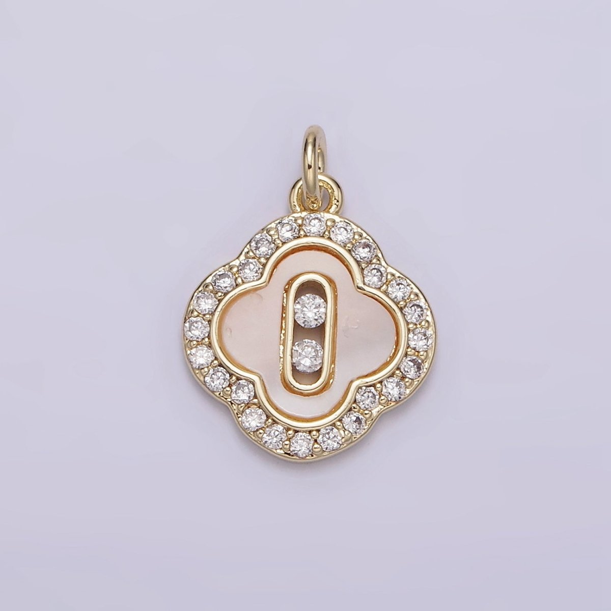 14K Gold Filled CZ Micro Paved Shell Pearl Quatrefoil Charm | X-589
