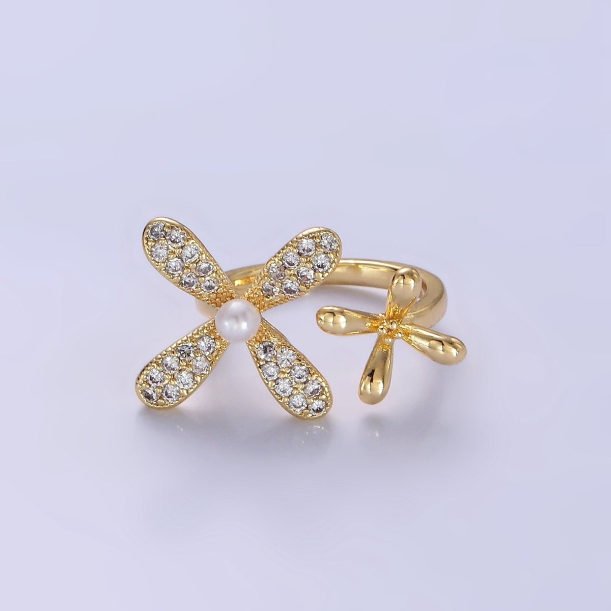 14K Gold Filled Double Flower Pearl Micro Paved Wrap Ring | O115