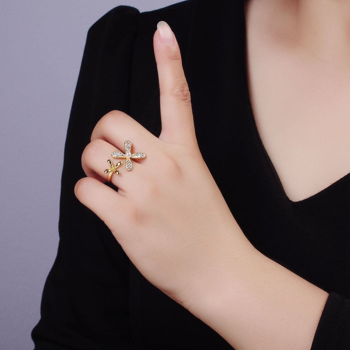 14K Gold Filled Double Flower Pearl Micro Paved Wrap Ring | O115