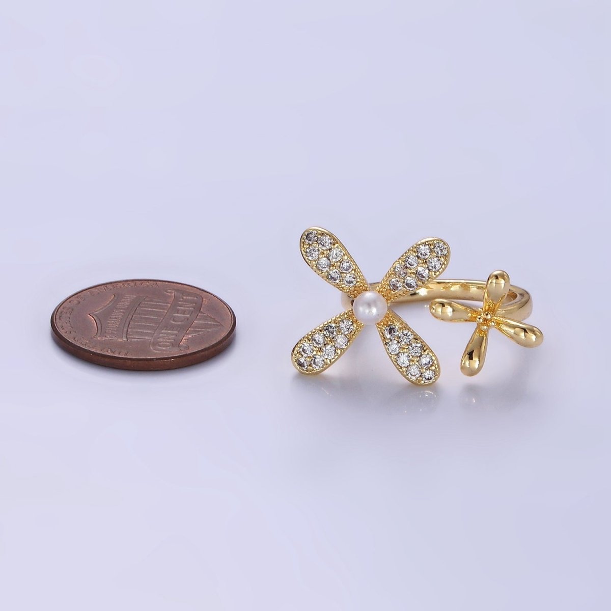14K Gold Filled Double Flower Pearl Micro Paved Wrap Ring | O115