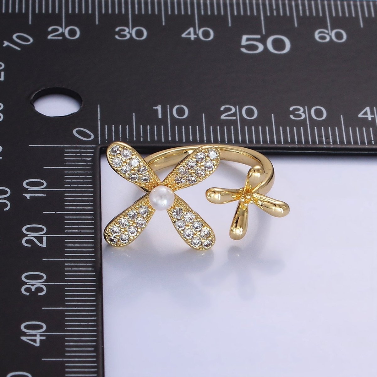 14K Gold Filled Double Flower Pearl Micro Paved Wrap Ring | O115