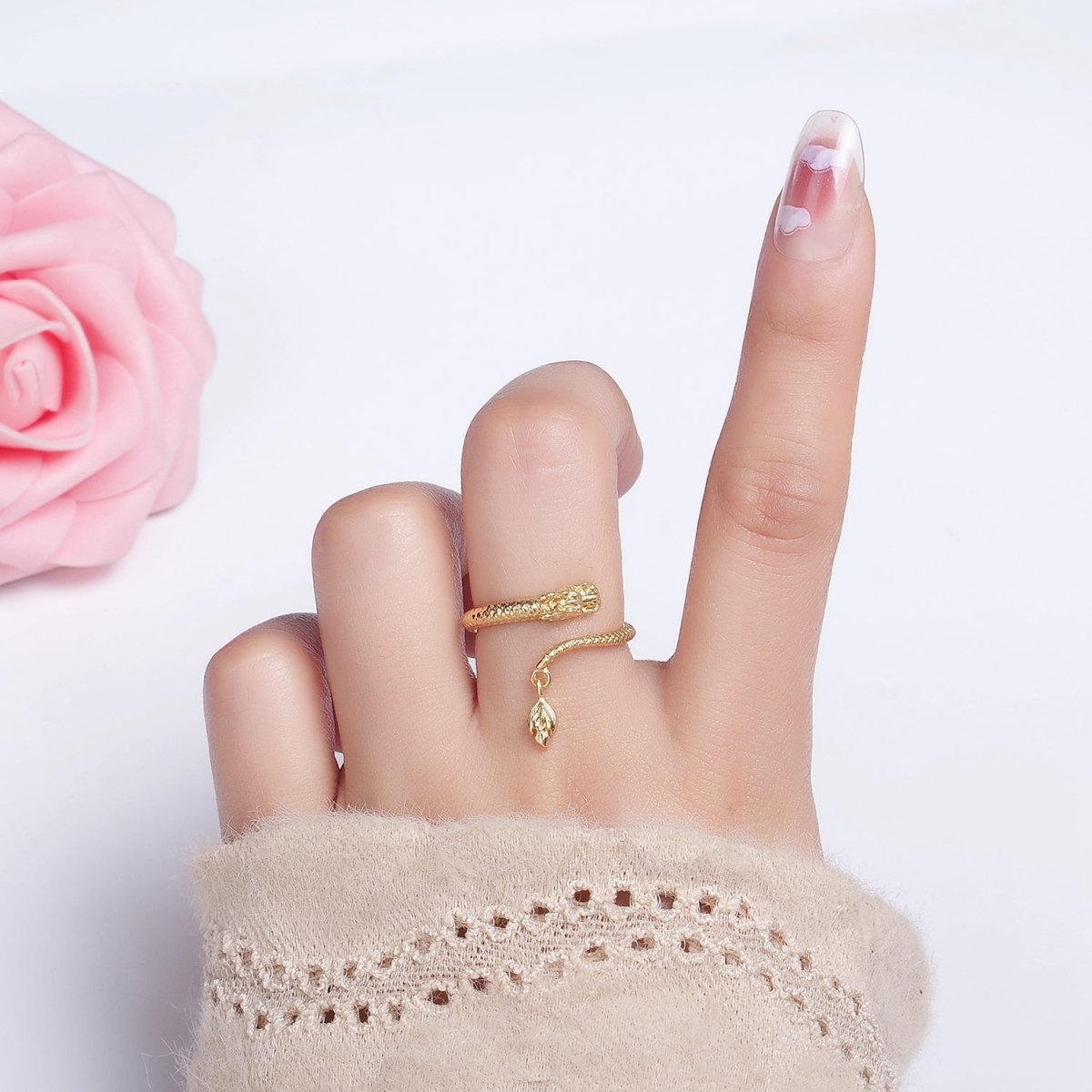 14K Gold Filled Dragon Scale-Textured Wrap Tail Drop Ring | O1359