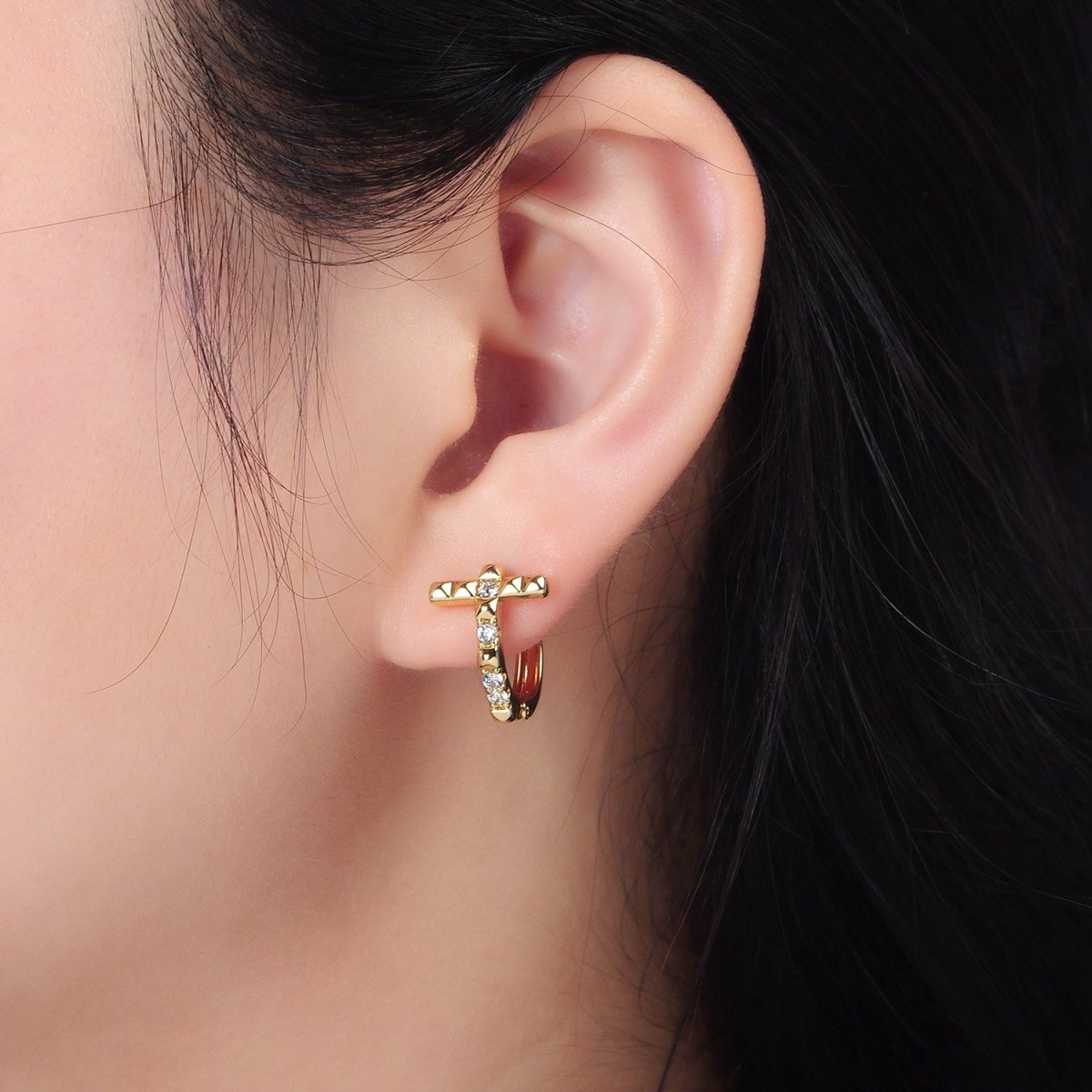 14K Gold Filled Edged Spiked CZ Religious Cross Huggie Earrings | AD605