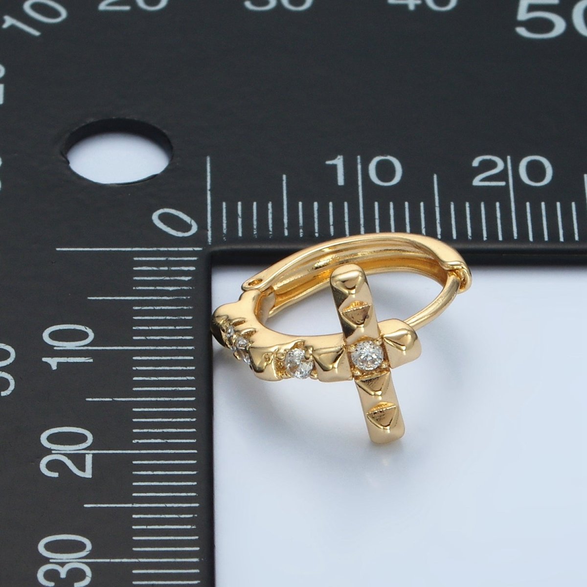 14K Gold Filled Edged Spiked CZ Religious Cross Huggie Earrings | AD605