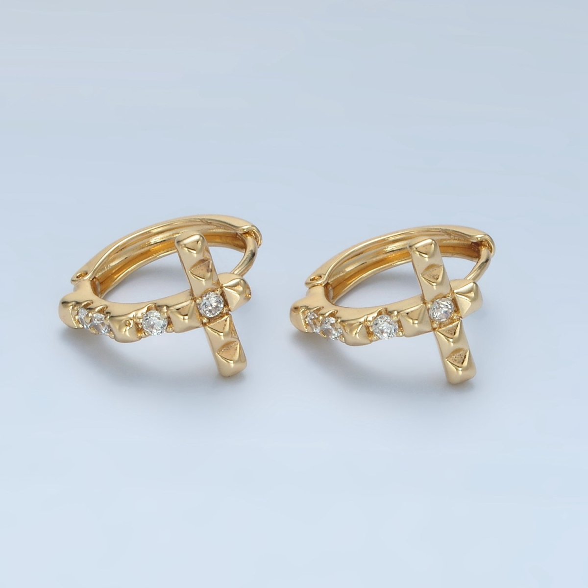14K Gold Filled Edged Spiked CZ Religious Cross Huggie Earrings | AD605