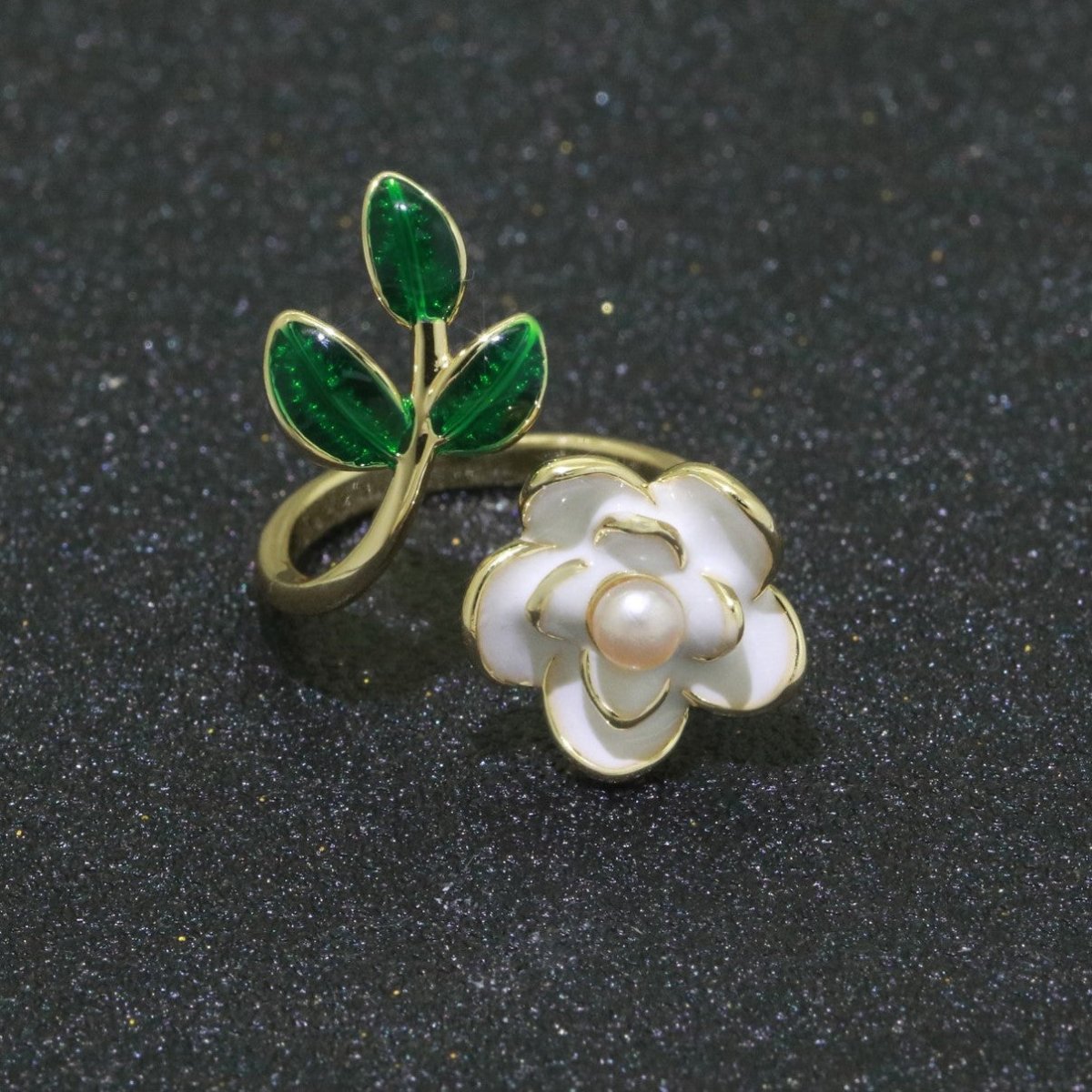 14K Gold Filled Enamel Pearl Rose Open Wrap Ring | S095-S098