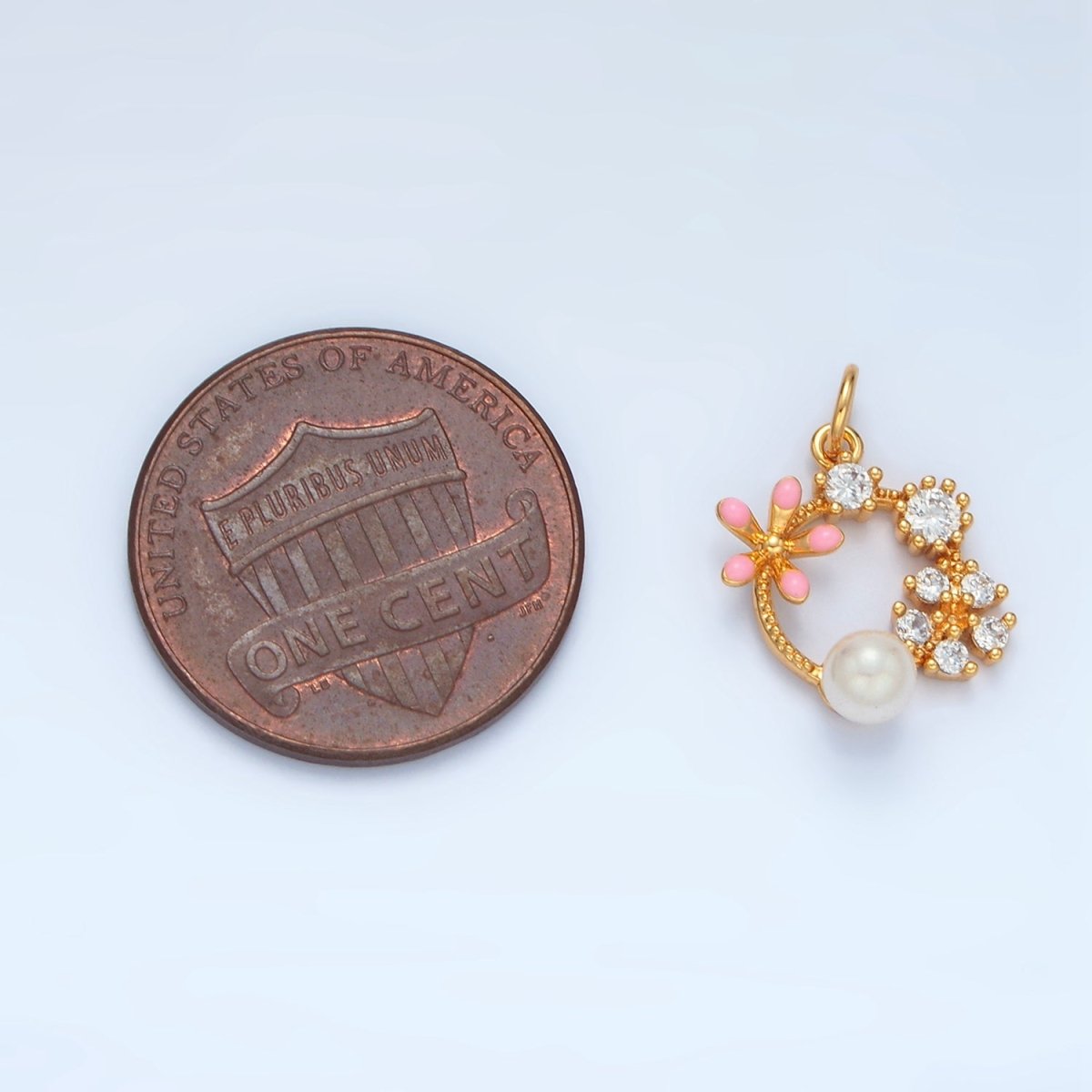 14K Gold Filled Flower CZ Enamel Pearl Open Round Charm | AG879