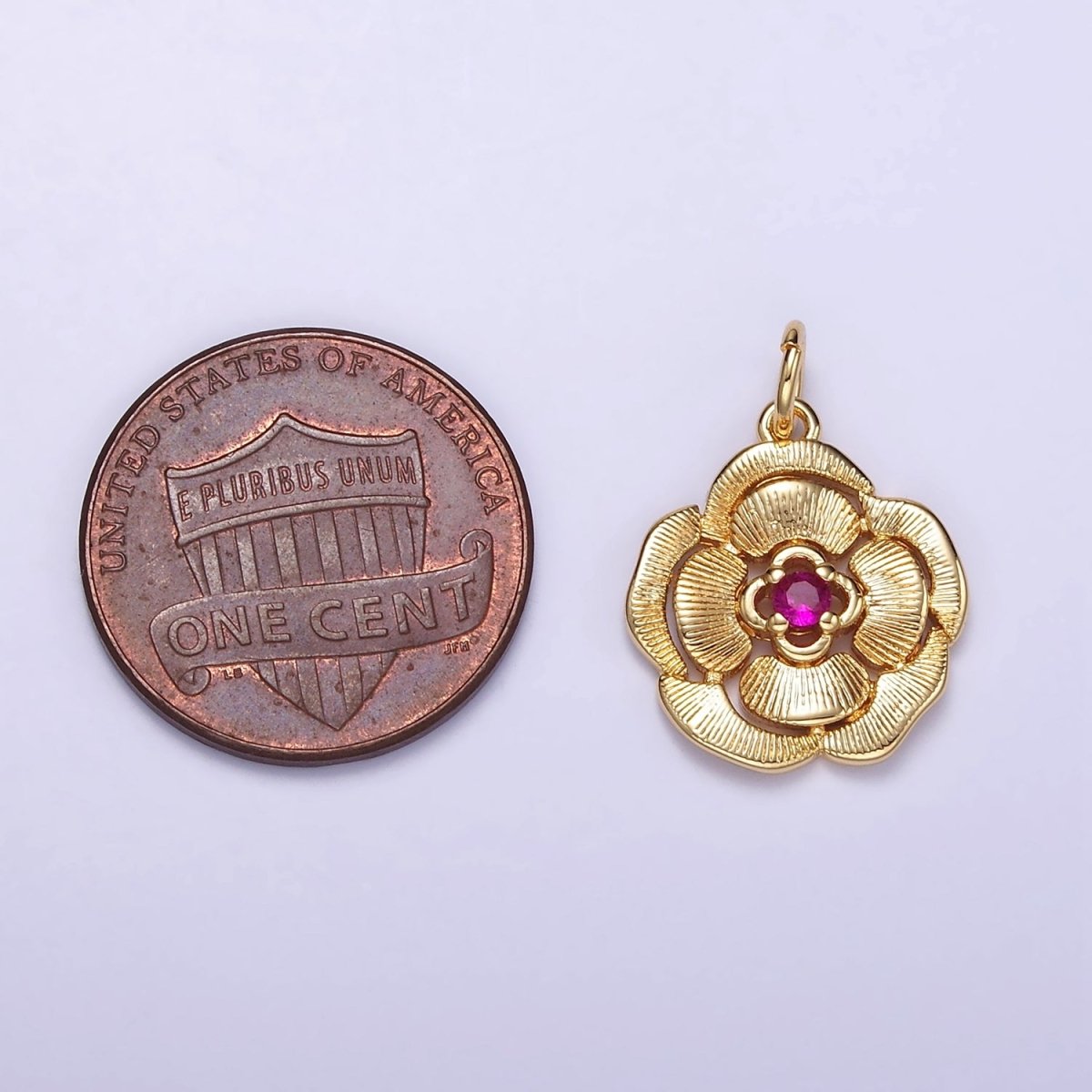 14K Gold Filled Fuchsia CZ Line-Textured Petal Flower Charm | W774