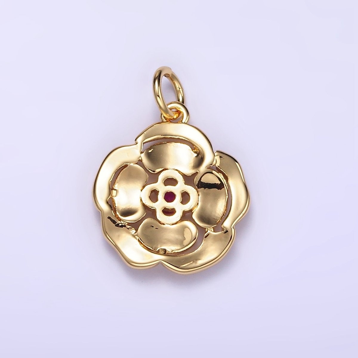 14K Gold Filled Fuchsia CZ Line-Textured Petal Flower Charm | W774