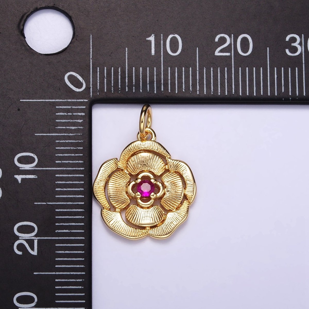14K Gold Filled Fuchsia CZ Line-Textured Petal Flower Charm | W774