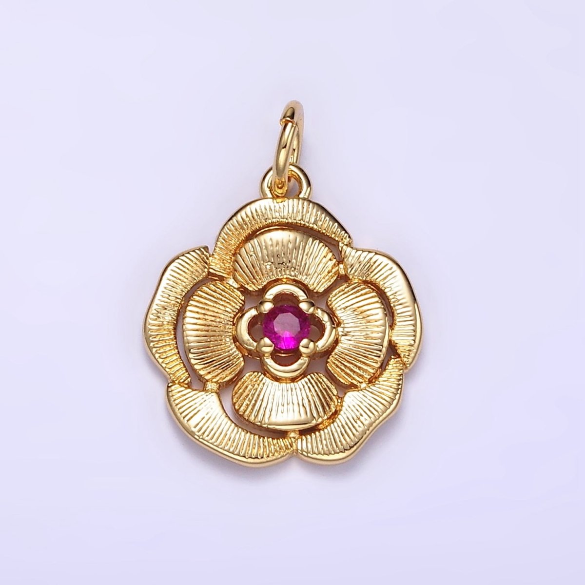 14K Gold Filled Fuchsia CZ Line-Textured Petal Flower Charm | W774