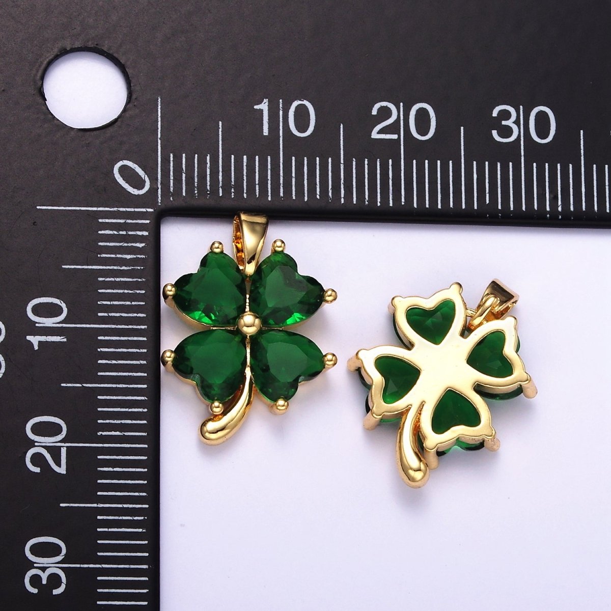14K Gold Filled Green CZ Heart Petal Quatrefoil Flower Pendant | AA058