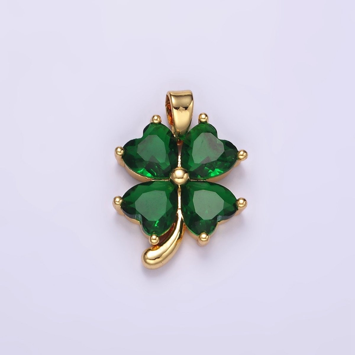 14K Gold Filled Green CZ Heart Petal Quatrefoil Flower Pendant | AA058